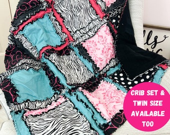 Pink Turquoise Baby Girl Rag Quilt, Baby Girl Quilts, Black and White Zebra Crib Bedding Set for Baby Girl