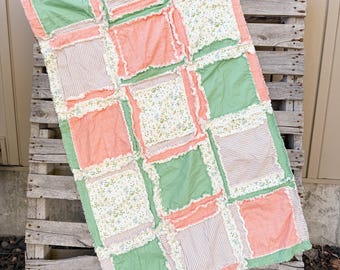 Floral Rag Quilt | Apricot Melon, Eucalyptus Green, Buttercream White Nursery Bedding | Handmade Raggy | Girly Toddler Bed