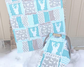 Woodland Deer Rag Quilt, Turquoise Baby Boy Crib Blanket, Rustic Nursery Decor, Baby Boy Quilt