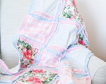 Pink Floral Baby Girl Rag Quilt Crib Bedding, Baby Girl Quilts, Newborn Baby Gift for Girls