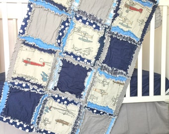 Vintage Airplane Quilt Baby Rag Quilt, Boy Crib Bedding Set, Baby Shower Gift