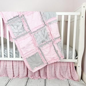 Girl Crib Size Quilt Feminine Bed Blanket | Handmade Soft Ragged Rag Quilt for Sale | Princess Bedroom Gray Pink Nursery Bedding | Newborn