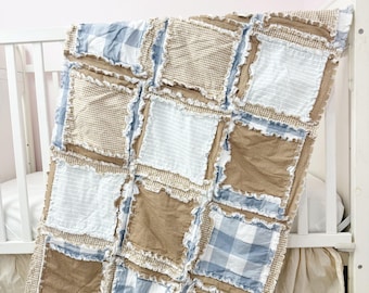 Country Plaid Baby Boy Quilt | Flannel Crib Rag Quilt | Neutral Tan Blue Farmhouse Crib Bedding Gift | Crib Quilt 30x50 inches