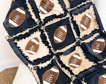 Sports Themed Baby Boy Crib Quilt | Black & Tan Football Bed Spread Nursery Rag Bedding | Newborn New Mom Gift | Sports Crib Blanket