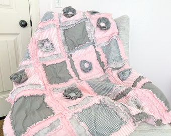 Baby Girl Quilts Pink Crib Bedding, Pink and Gray Baby Quilts, Toddler Bedding Girl Homemade Quilts, Baby Blanket for Girls