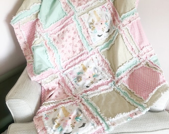 Unicorn Quilt Toddler Bedding Girl, Baby Girl Rag Quilt, Twin Bedspread Homemade Quilts, Baby Girl