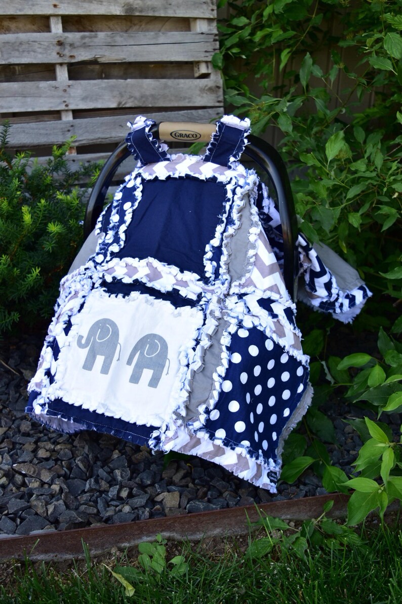 Elephant Car Seat Canopy Navy Blue Gray Baby Carrier Cover Boy Cat