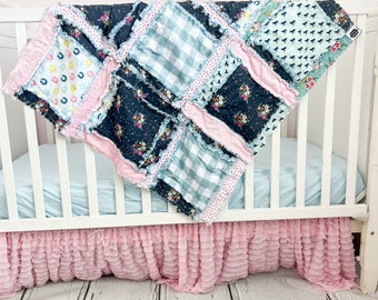 Horse Themed Baby Girl Crib Set and Rag Quilt, Girls Quick Ship Quilts, Horseshoe Quilt for Baby Girl