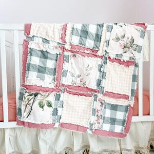 Blush Blanket Floral Comforter Baby Girl Rag Quilt, Pink Crib Bedding Boho Baby Blanket, Baby Girl | Large Modern Flowers Buffalo Plaid Bed