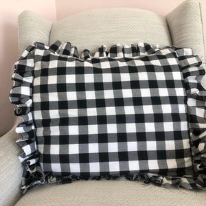 Black and White Frayed Ruffled Edge Pillow Sham | Buffalo Check Pillowcase Cover | 16x16 Gingham Throw Pillows | 12x12 inches Large Plaid