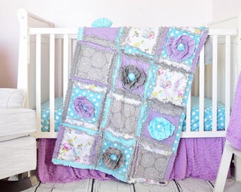 Purple Floral Rag Quilt Crib Bedding Set, Baby Shower Gift