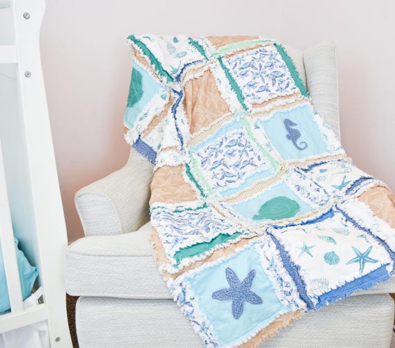 Baby Boy Quilt Nautical Crib Blanket Ocean Theme Newborn Gift Baby Shower Present Handmade Beach Quilt Blue Whale Bedding for Nursery