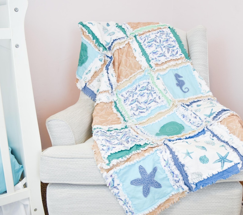 Baby Boy Quilt Nautical Crib Blanket Ocean Theme Newborn Gift Baby Shower Present Handmade Beach Quilt Blue Whale Bedding for Nursery