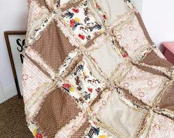 Cozy Cowgirl Quilts in Mauve Pink Tan Brown | Girls Handmade Heirloom Rag Quilt Buckaroom Nursery | Floral Prairie Southwest Baby Girl Decor