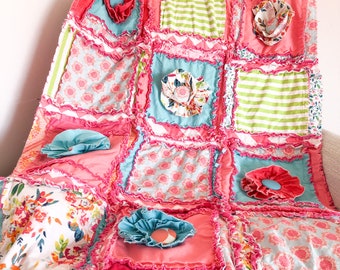 Floral Pink Crib Bedding, Baby Girl Rag Quilt, Green Turquoise Hot Pink Blanket for Baby Girl