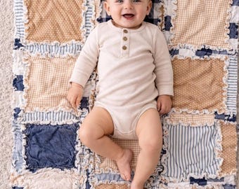 Country Plaid Crib Size Baby Rag Quilt | Boy, Girl, Gender Neutral Blanket | Custom Newborn Bedding in Tan, Navy Blue