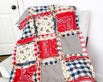 Cowboy Nursery Rag Quilt | Western Baby Blanket | Navy Tan Boy Bedding | Handmade Patchwork | Southwest Crib Comforter | Rustic Rodeo Decor