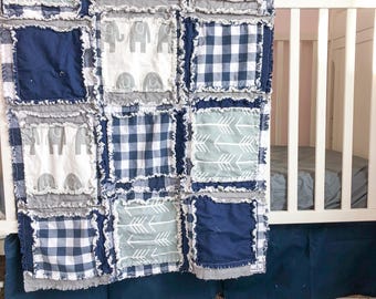 Elephant Baby Rag Quilt | Navy Safari Nursery Decor, Safari Baby Quilt | Boy Nursery Decor | Jungle Nursery Boy | Blue Plaid Blanket
