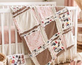 Cowgirl Baby Blanket | Rodeo Rag Quilts for Girls | Mauve Pink Tan Brown