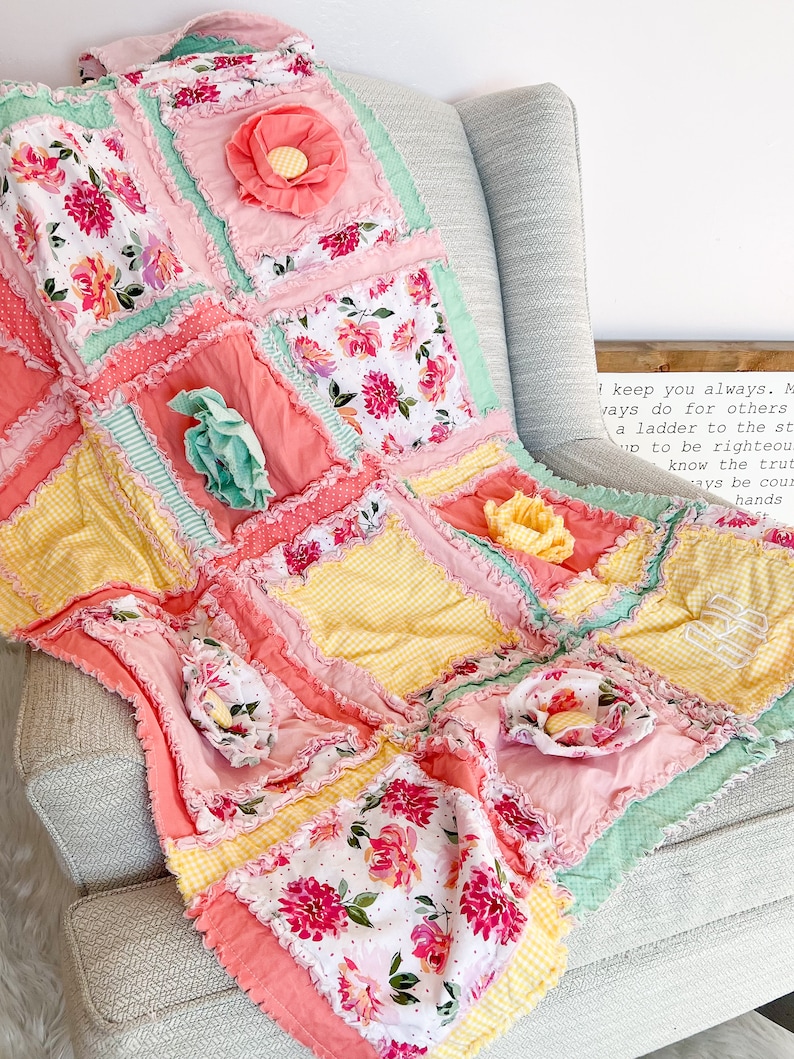 Flower Pink Crib Bedding Girl Baby Blanket, Baby Girl Rag Quilt, Homemade Quilts Baby Nursery Decor, Baby Girl image 3