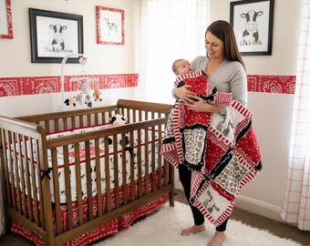 Cow Print Blanket | Baby Girl Rag Quilt | Red & Black Bandana Farm Crib Blanket | Cow Print Crib Farm Theme Blankets | Cow Themed Crib