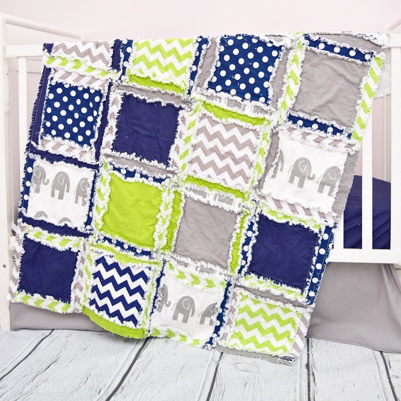 Elephant Quilt For Toddler Bedding Lime Green Navy Blue Gray Baby Nursery Safari Jungle