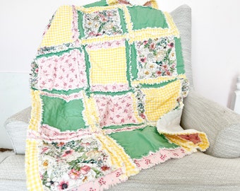 Wildflower Nursery Baby Girl Rag Quilt, Baby Girl Quilts, Yellow Pink and Green Handmade Quilt for Sale for Girls