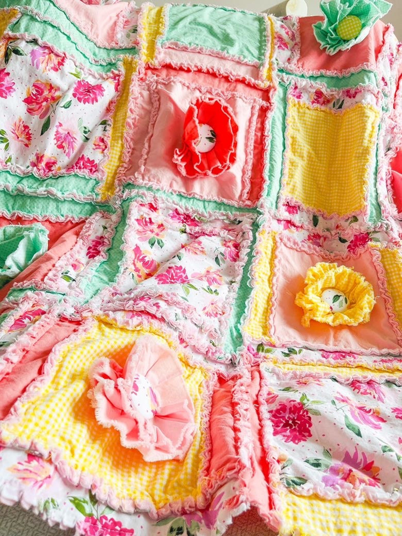 Floral Baby Rag Quilt Baby Pink Crib Bedding Yellow Etsy