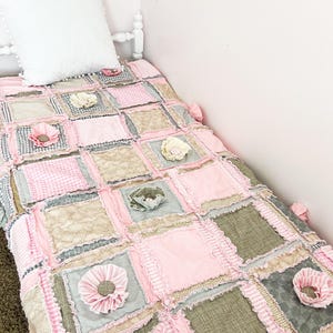 Floral Twin Quilt Girl Bedding, Big Handmade Rag Quilts, Baby Pink & Neutrals Blanket, from Toddler Bedding | King Size Quilts for Girls