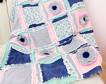 Girl Rag Quilt Blush and Blue Twin Size Blanket and Baby Rag Quilt, Baby Girl Quilts, Girl Twin Bedspread Kids and Quilts for Baby Girl