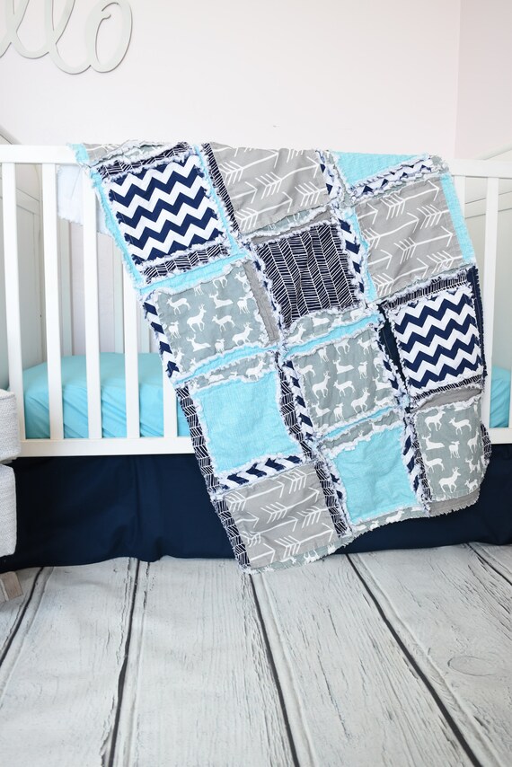 Woodland Buck Deer Baby Quilt For Boy Nursery Crib Bedding Decor Turquoise Navy Blue Gray