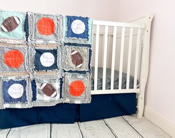 Baby Boy Sports Handmade Rag Quilt Crib Sets, Sports Theme Rag Quilt, Sage Green Navy Gray Blankets for Boys