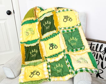 Tractor Baby Blanket, Yellow and Green Baby Boy Rag Quilt Baby Boy Nursery Baby Quilts for Sale
