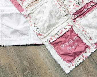 Mauve Nursery Set Girl Crib Size Quilt | Floral Pink Bedroom Soft Flower Blanket | Tan Plaid Bedding Earthy Baby Quilts | Female Rag Quilted
