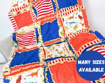 Dinosaur Quilt Boys Bedding, Baby Boy Quilts, Blue Yellow Orange Red Rag Quilt Baby Quilts for Sale for Boys