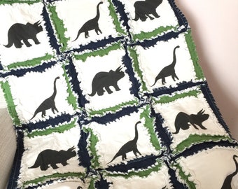Dinosaur Quilt Boys Bedding, Baby Boy Quilts, Blue Green Rag Quilt Baby Quilts for Sale for Boys