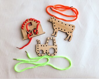 Wooden Lacing Toy, Wooden Farm Set