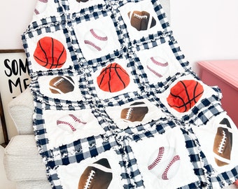 Baby Boy Quilt Navy Crib Bedding Homemade Quilts, Sports Theme Rag Quilt, Baseball Nursery Football Bedding, Basketball Blanket