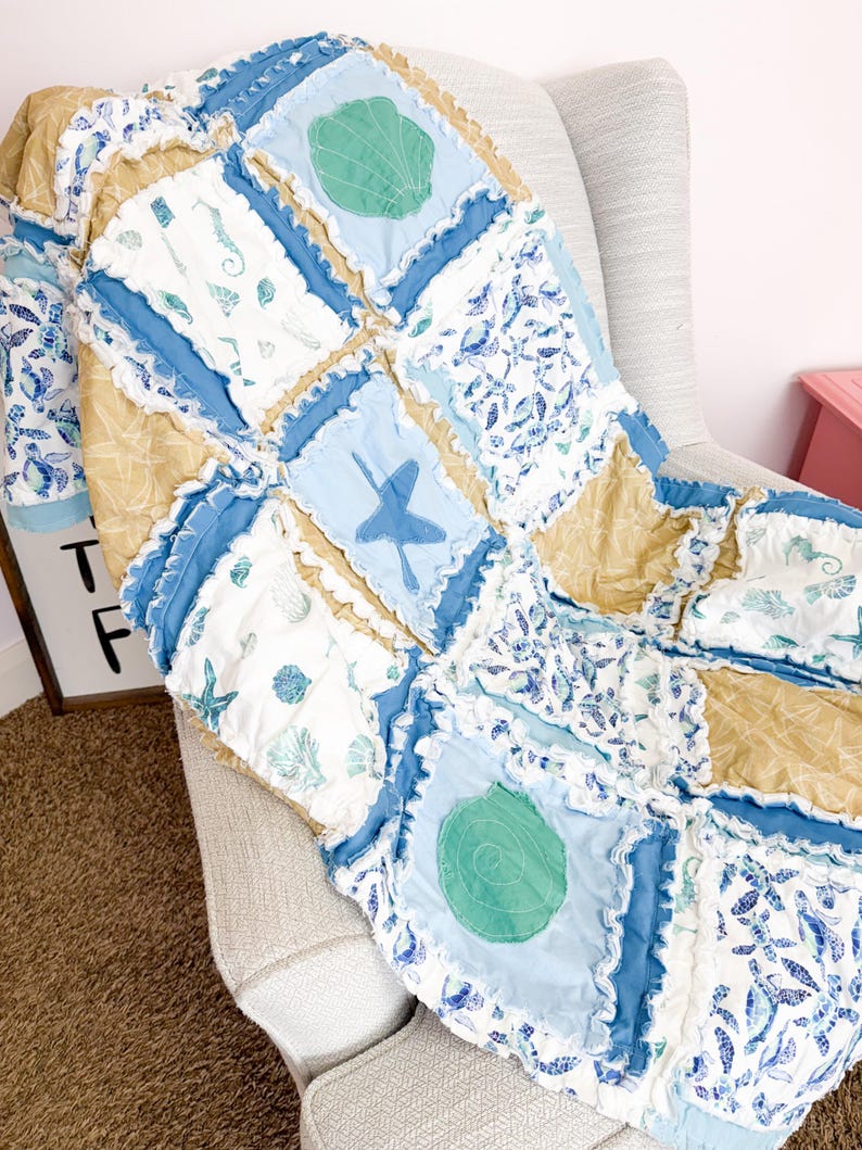 Baby Boy Quilt Nautical Crib Blanket Ocean Theme Newborn Gift Baby Shower Present Handmade Beach Quilt Blue Whale Bedding for Nursery