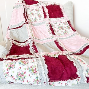 Floral Blanket Handmade Quilts for Sale, Baby Girl Rag Quilt, Baby Blanket to Queen Size Quilts, Baby Girl
