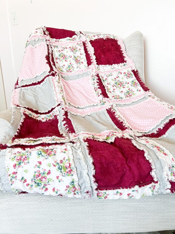 Floral Blanket Handmade Quilts for Sale, Baby Girl Rag Quilt | Baby Girl Crib Quilt | Girly Crib Bedding Nursery Quilt Girl Floral Blanket