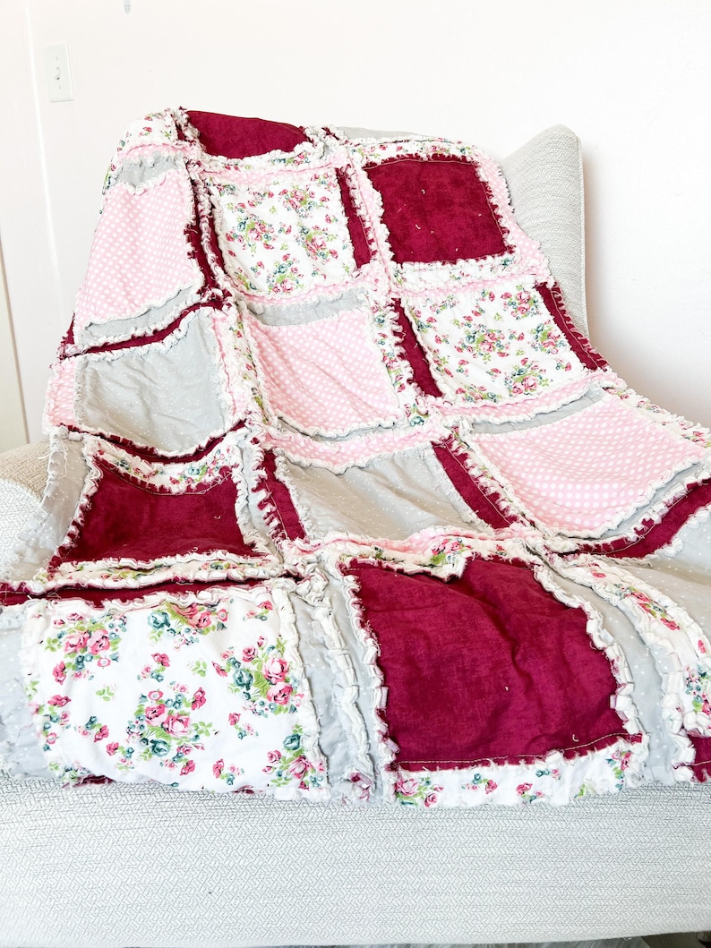 Floral Blanket Handmade Quilts for Sale, Baby Girl Rag Quilt, Baby Blanket to Queen Size Quilts, Baby Girl