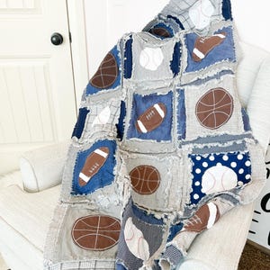 Sports Rag Quilt Modern Boys Blanket | Football, Baseball, Basketball Crib Bedding for Boy Nursery Decor | Baby Shower Heirloom Baby Gift
