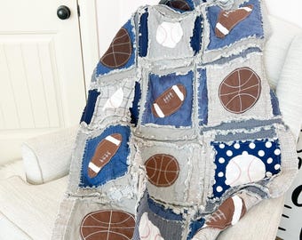 Sports Rag Quilt Modern Boys Blanket | Football, Baseball, Basketball Crib Bedding for Boy Nursery Decor | Baby Shower Heirloom Baby Gift