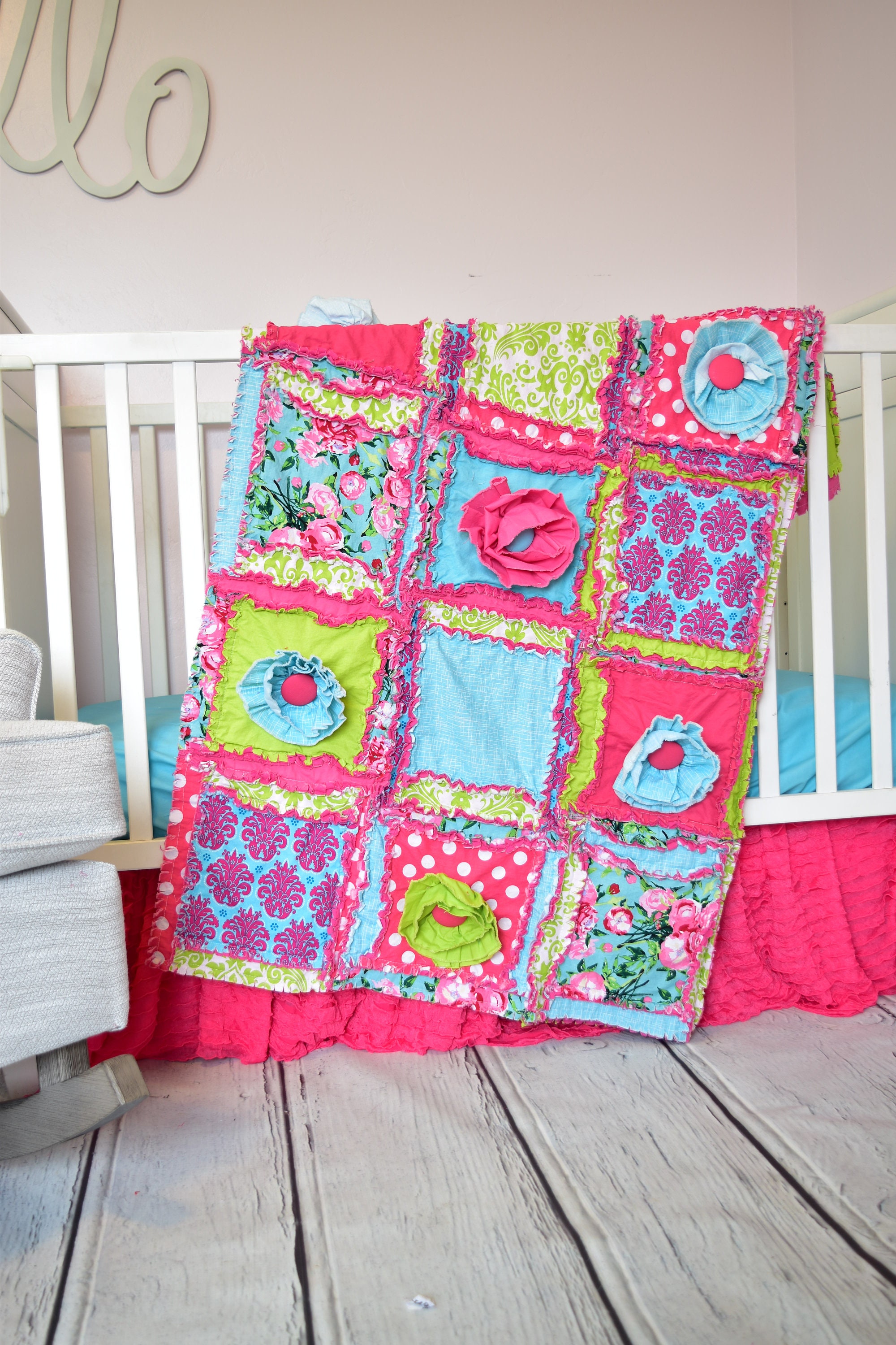 Foral Quilt Mini Crib Bedding Baby Quilt Turquoise Hot Pink Etsy