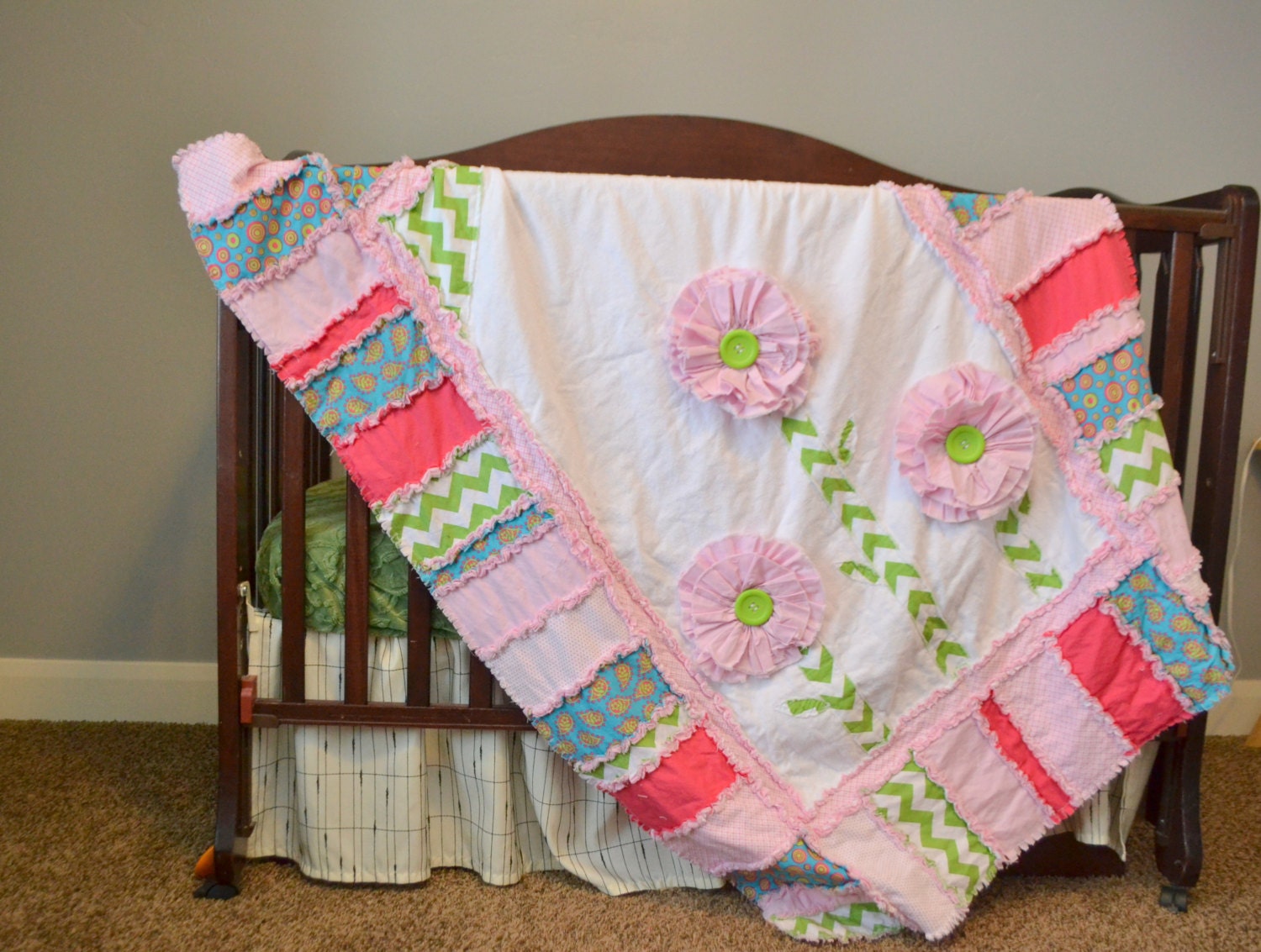 Baby Girl Crib Bedding Girl RAG QUILT with Ruffled Flower in Etsy