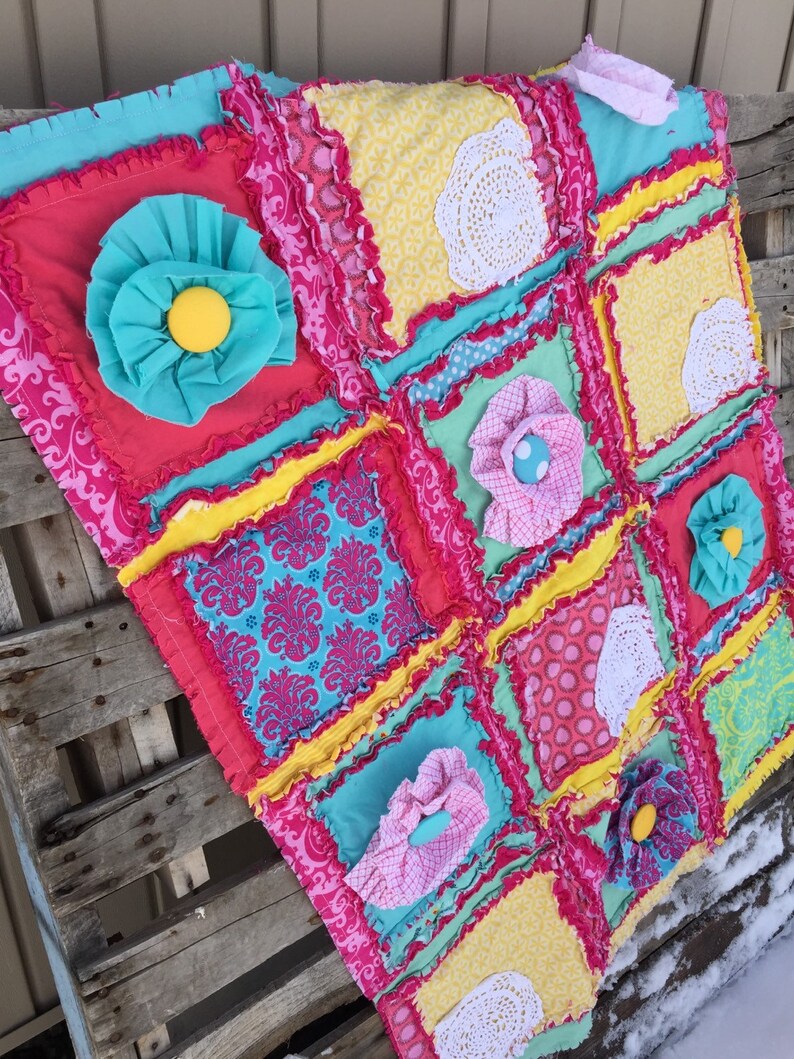 Pink Girls Bedding Baby Rag Quilt Mint Crib Bedding Pink Yellow Turquoise Baby Nursery Modern Nursery Girl Crib Bedding Baby Blanket