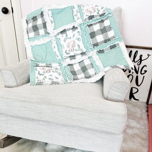 Elephant Blanket Baby Boy Rag Quilt, Elephant Quilts, Sage Green Crib Bedding Homemade Quilts for Boys