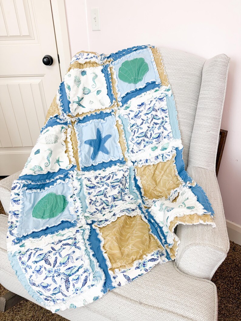 Baby Boy Quilt Nautical Crib Blanket Ocean Theme Newborn Gift Baby Shower Present Handmade Beach Quilt Blue Whale Bedding for Nursery
