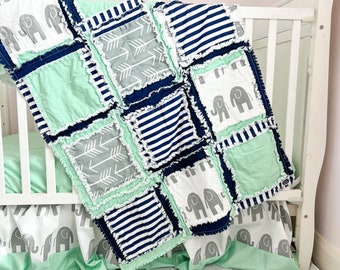 Elephant Crib Bedding Set and Baby Rag Quilt, Elephant Quilts, Baby Shower Gift Nursery Decor for Baby